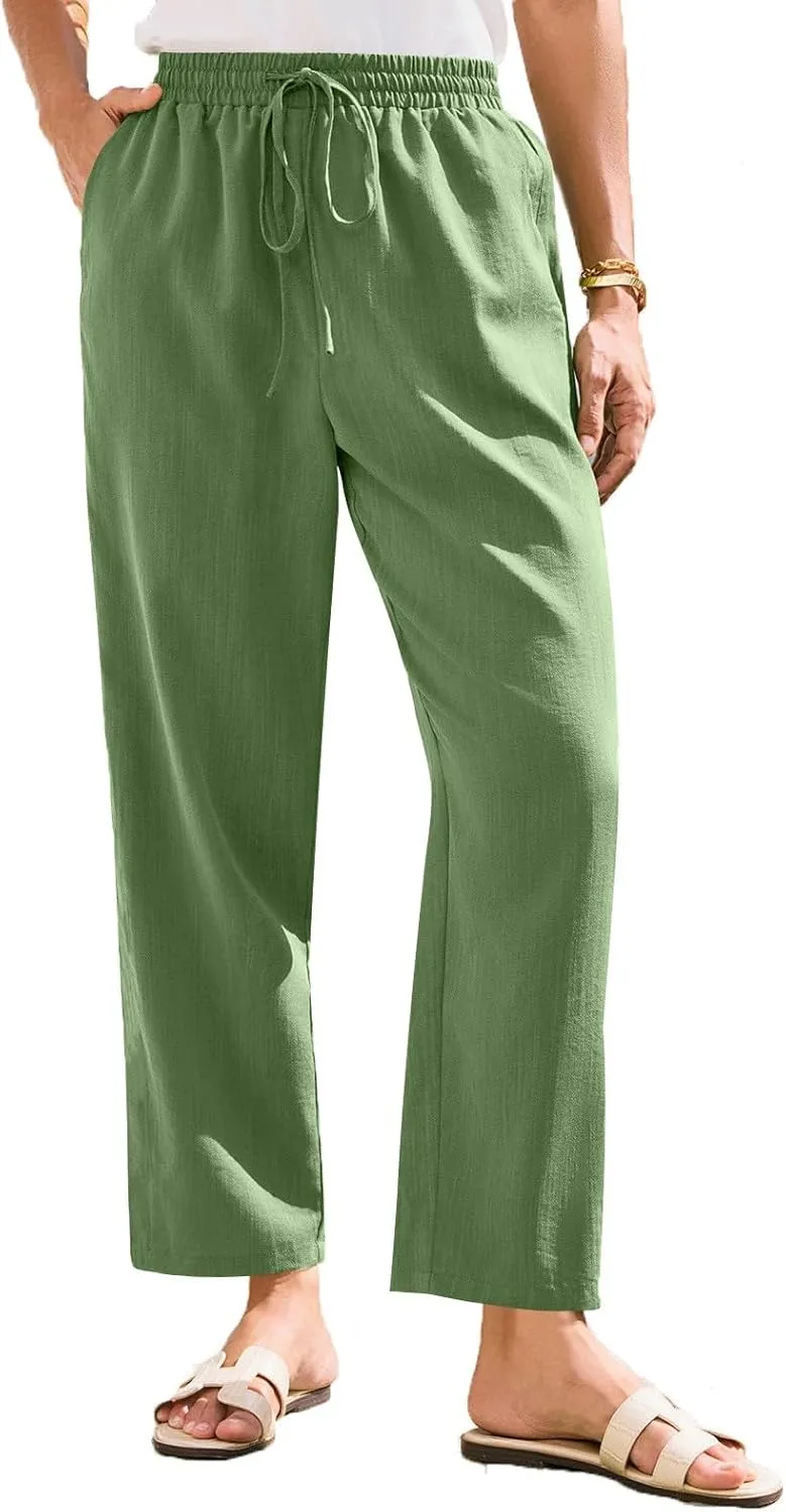 Linen Pants Women Wide Leg Elastic Drawstring Pants Women Lounge Comfy Summer Casual Beach Trousers with Pockets