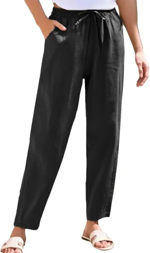 Linen Pants Women Wide Leg Elastic Drawstring Pants Women Lounge Comfy Summer Casual Beach Trousers with Pockets