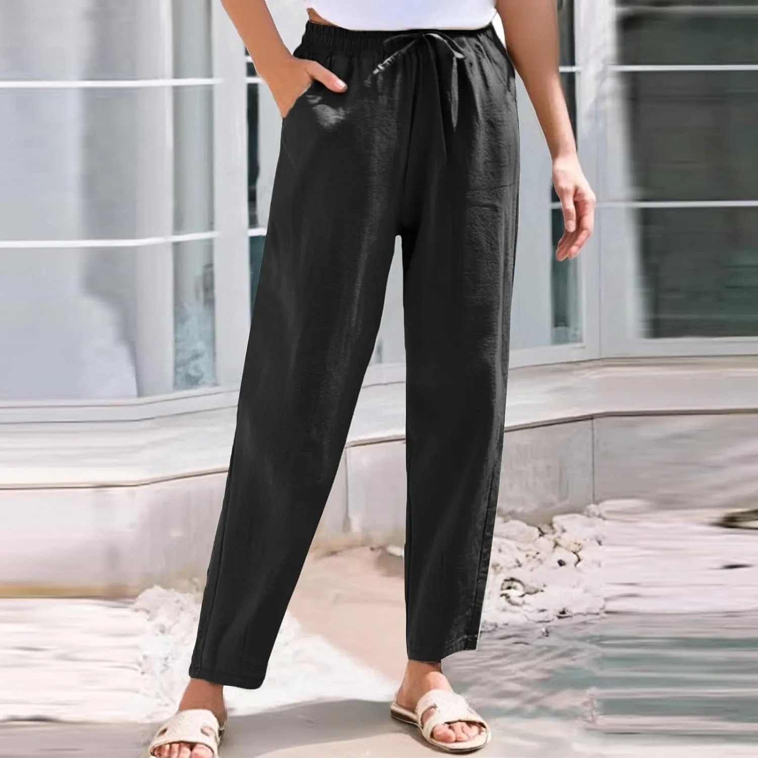 Linen Pants Women Wide Leg Elastic Drawstring Pants Women Lounge Comfy Summer Casual Beach Trousers with Pockets