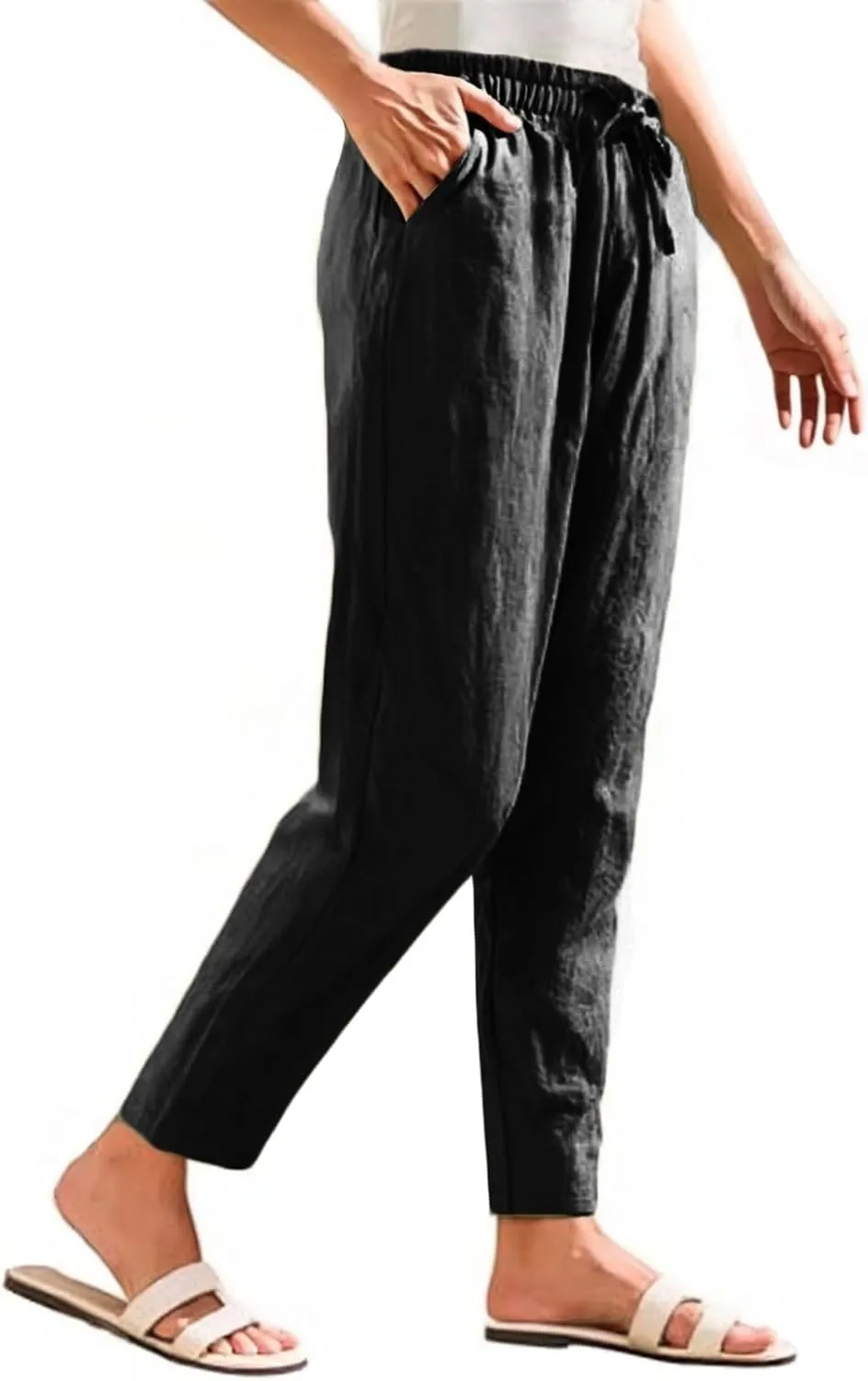 Linen Pants Women Wide Leg Elastic Drawstring Pants Women Lounge Comfy Summer Casual Beach Trousers with Pockets
