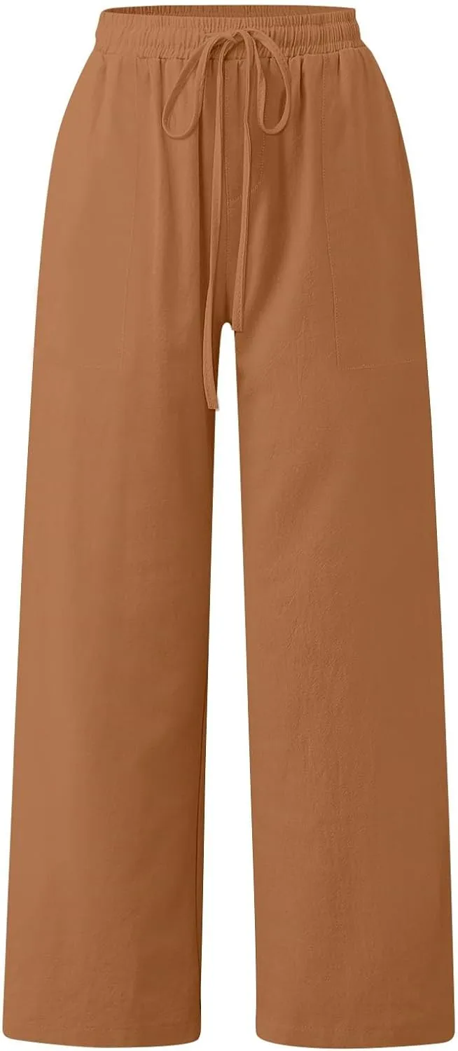 Linen Pants Women Wide Leg Elastic Waist Palazzo Pants Casual High Waisted Trousers with Pockets