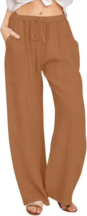 Linen Pants Women Wide Leg Elastic Waist Palazzo Pants Casual High Waisted Trousers with Pockets