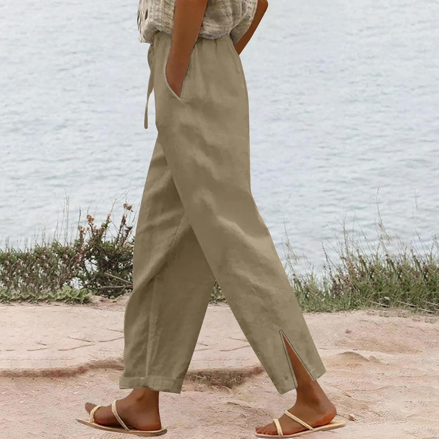 Linen Pants Women with Pockets Loose Elastic High Waisted Comfy Beach Trousers Summer Lightweight Casual Pants