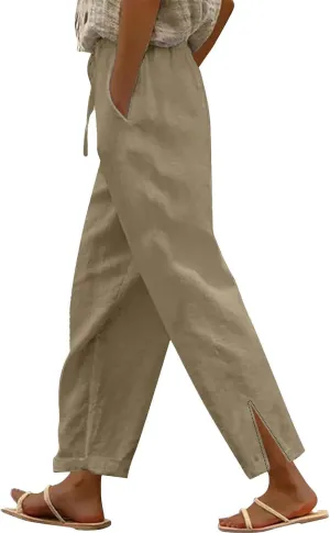 Linen Pants Women with Pockets Loose Elastic High Waisted Comfy Beach Trousers Summer Lightweight Casual Pants