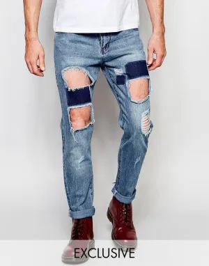 Liquor & Poker Straight Distressed Patch Jeans in Stonewash Blue