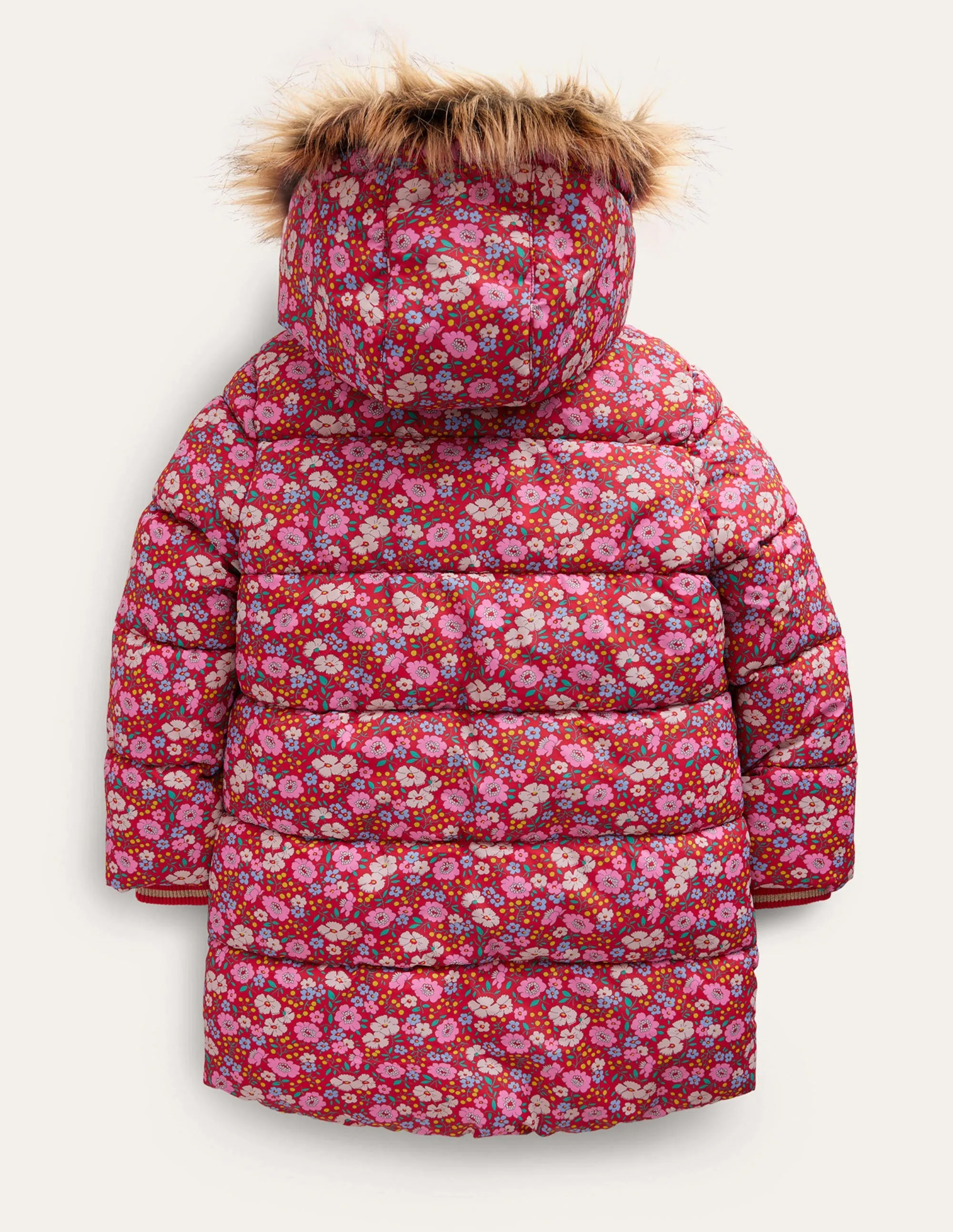 Longline Padded Coat-Brilliant Red Flowerbed