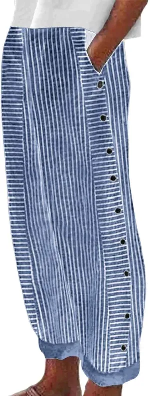 Loose Linen Pants For Women Petite Striped Print Cropped Trouser Drawstring Summer Soft Capri Sweatpant With Pocket