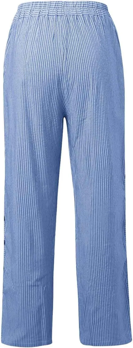 Loose Linen Pants For Women Petite Striped Print Cropped Trouser Drawstring Summer Soft Capri Sweatpant With Pocket