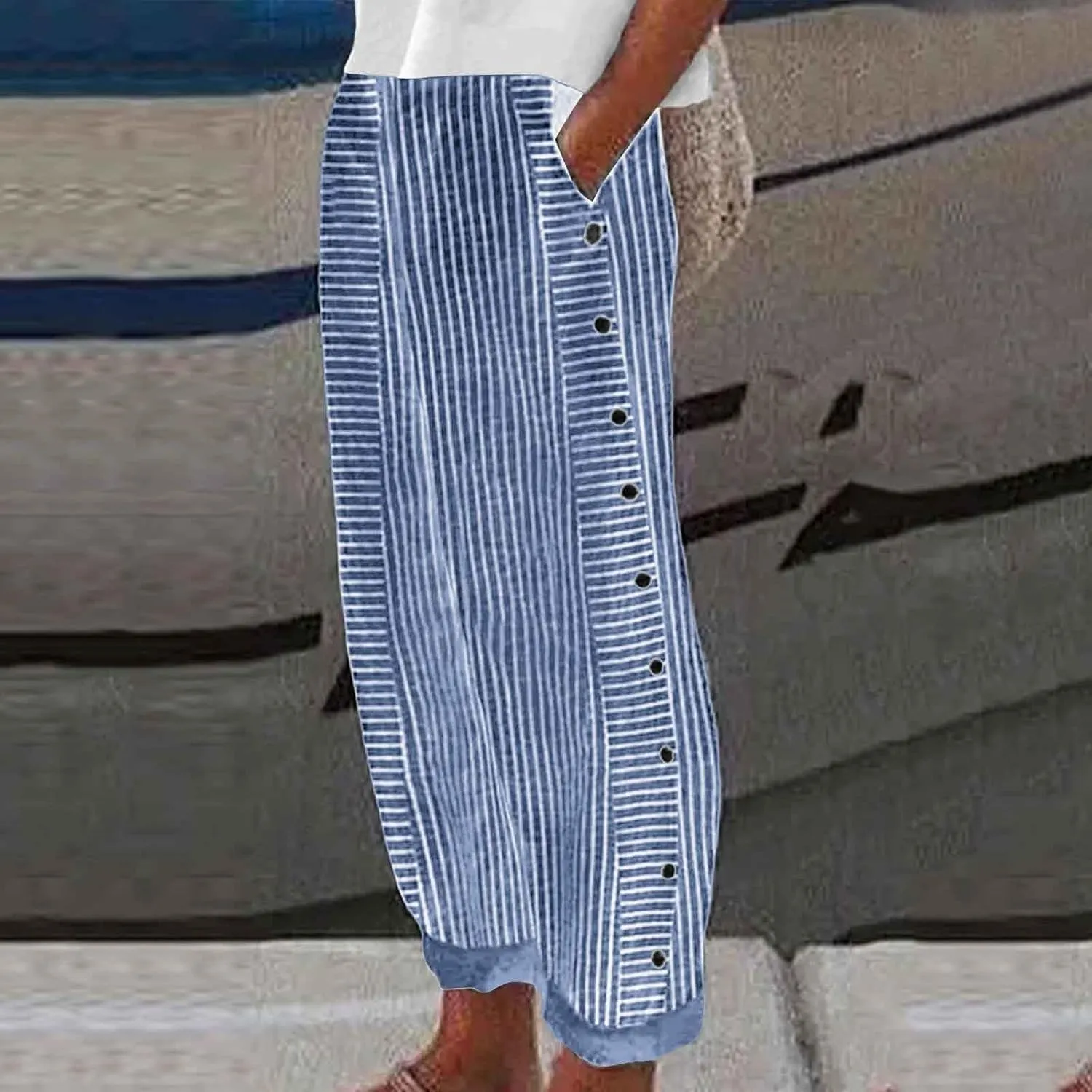 Loose Linen Pants For Women Petite Striped Print Cropped Trouser Drawstring Summer Soft Capri Sweatpant With Pocket