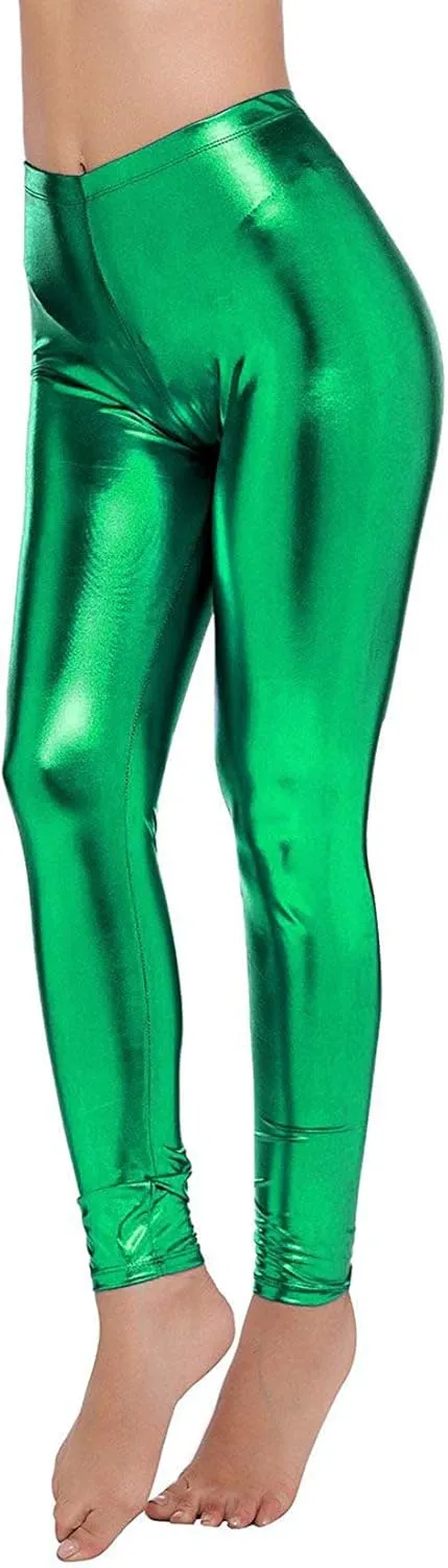 Loxdonz Women Wet Look Shiny Metallic Leggings Liquid Waist Stretch Pants