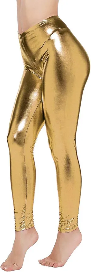 Loxdonz Women Wet Look Shiny Metallic Leggings Liquid Waist Stretch Pants