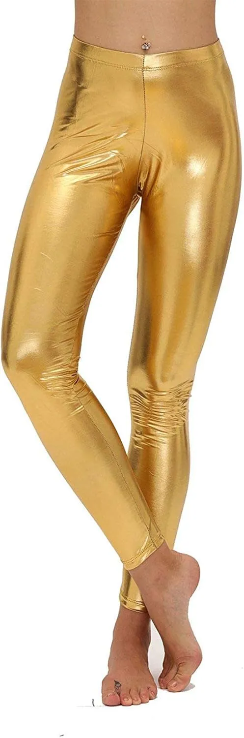 Loxdonz Women Wet Look Shiny Metallic Leggings Liquid Waist Stretch Pants