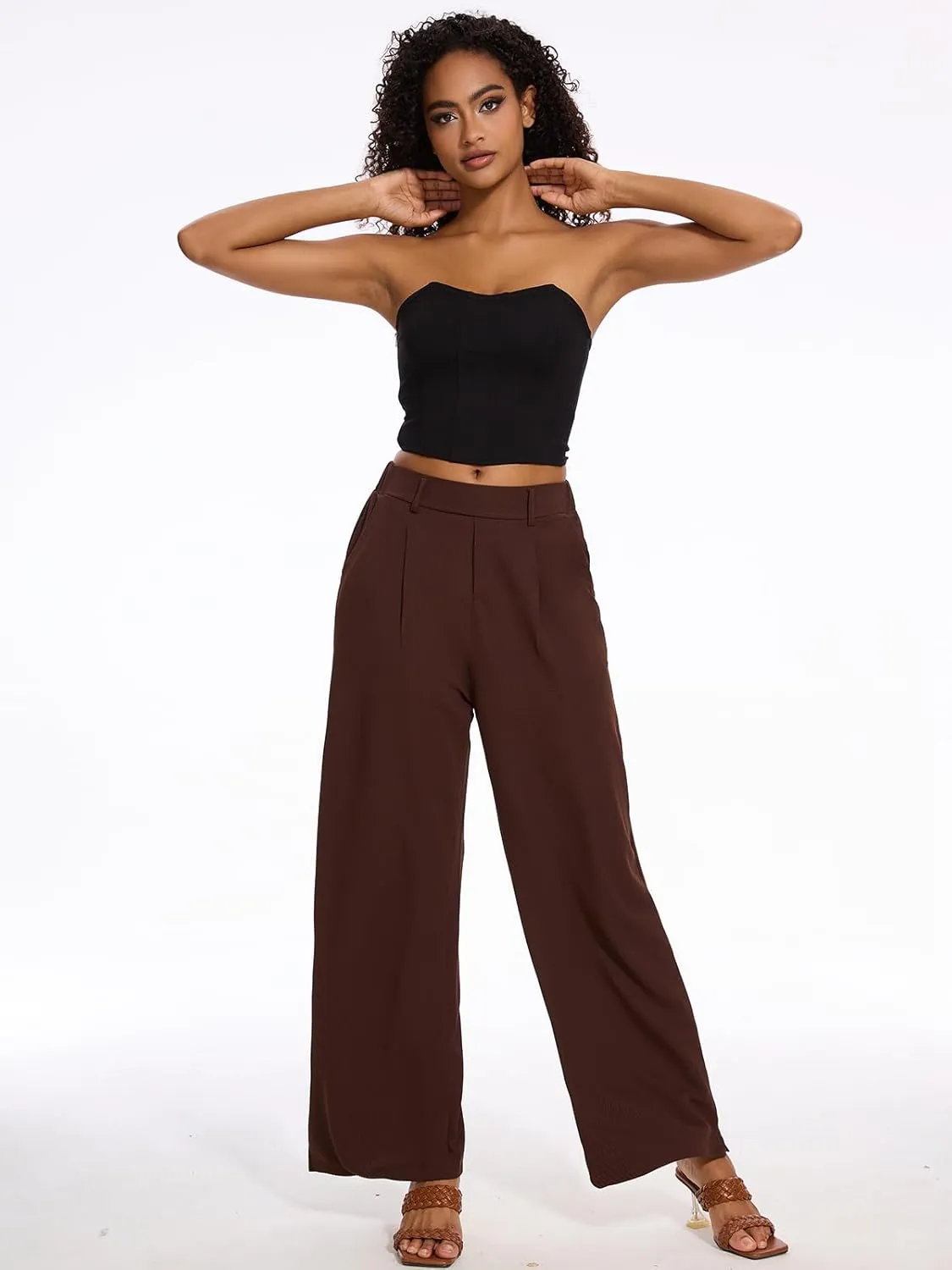 M MOTEEPI Women's Wide Leg Waffle Knit Pants with Pockets 29" Inseam Ladies Slacks for Dressy Casual,Business, Work, Lounge
