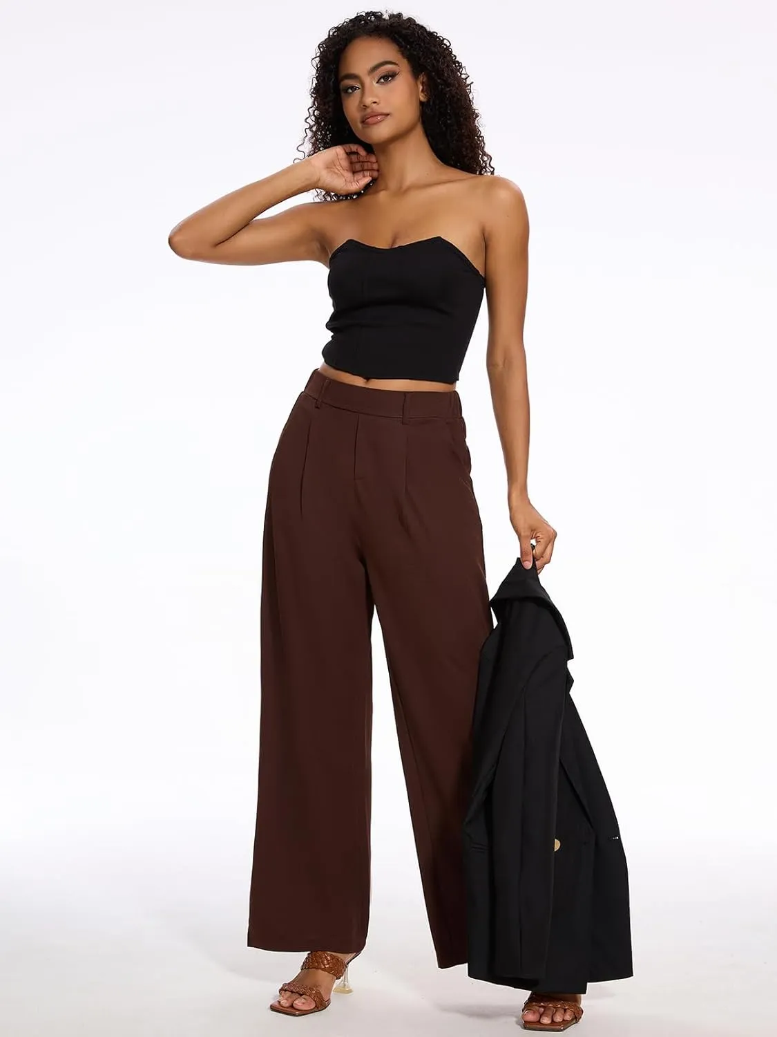 M MOTEEPI Women's Wide Leg Waffle Knit Pants with Pockets 29" Inseam Ladies Slacks for Dressy Casual,Business, Work, Lounge