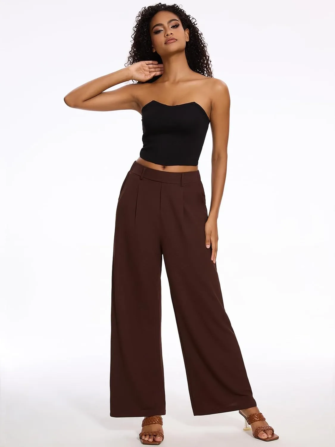 M MOTEEPI Women's Wide Leg Waffle Knit Pants with Pockets 29" Inseam Ladies Slacks for Dressy Casual,Business, Work, Lounge