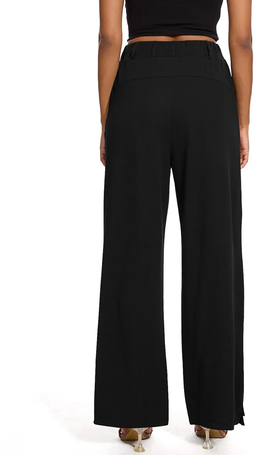 M MOTEEPI Women's Wide Leg Waffle Knit Pants with Pockets 29" Inseam Ladies Slacks for Dressy Casual,Business, Work, Lounge