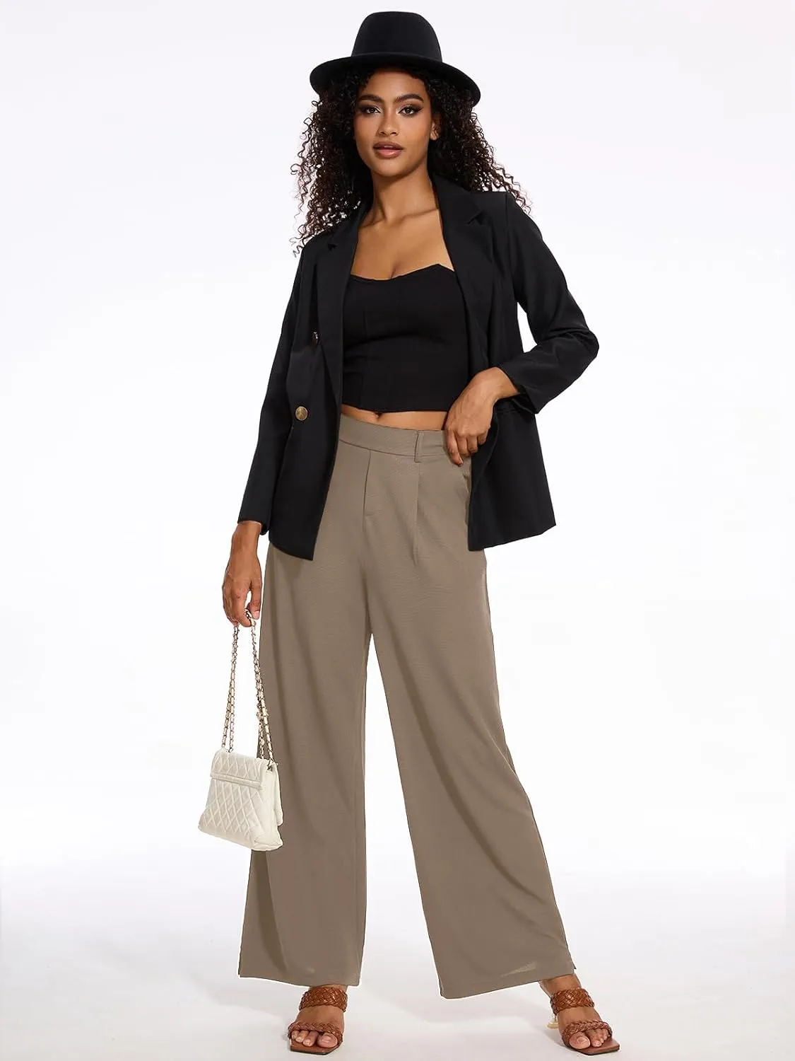 M MOTEEPI Women's Wide Leg Waffle Knit Pants with Pockets 29" Inseam Ladies Slacks for Dressy Casual,Business, Work, Lounge