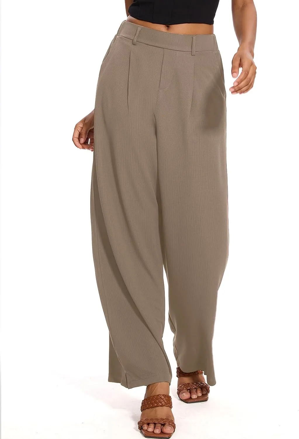 M MOTEEPI Women's Wide Leg Waffle Knit Pants with Pockets 29" Inseam Ladies Slacks for Dressy Casual,Business, Work, Lounge