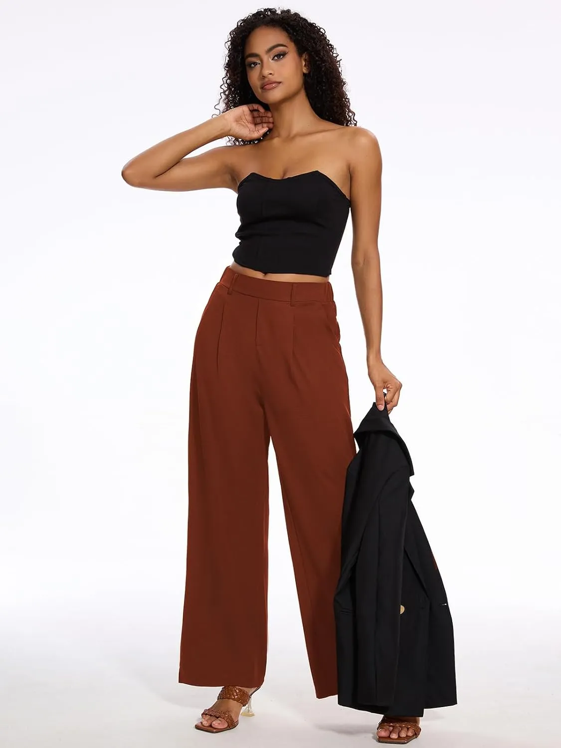 M MOTEEPI Women's Wide Leg Waffle Knit Pants with Pockets 29" Inseam Ladies Slacks for Dressy Casual,Business, Work, Lounge