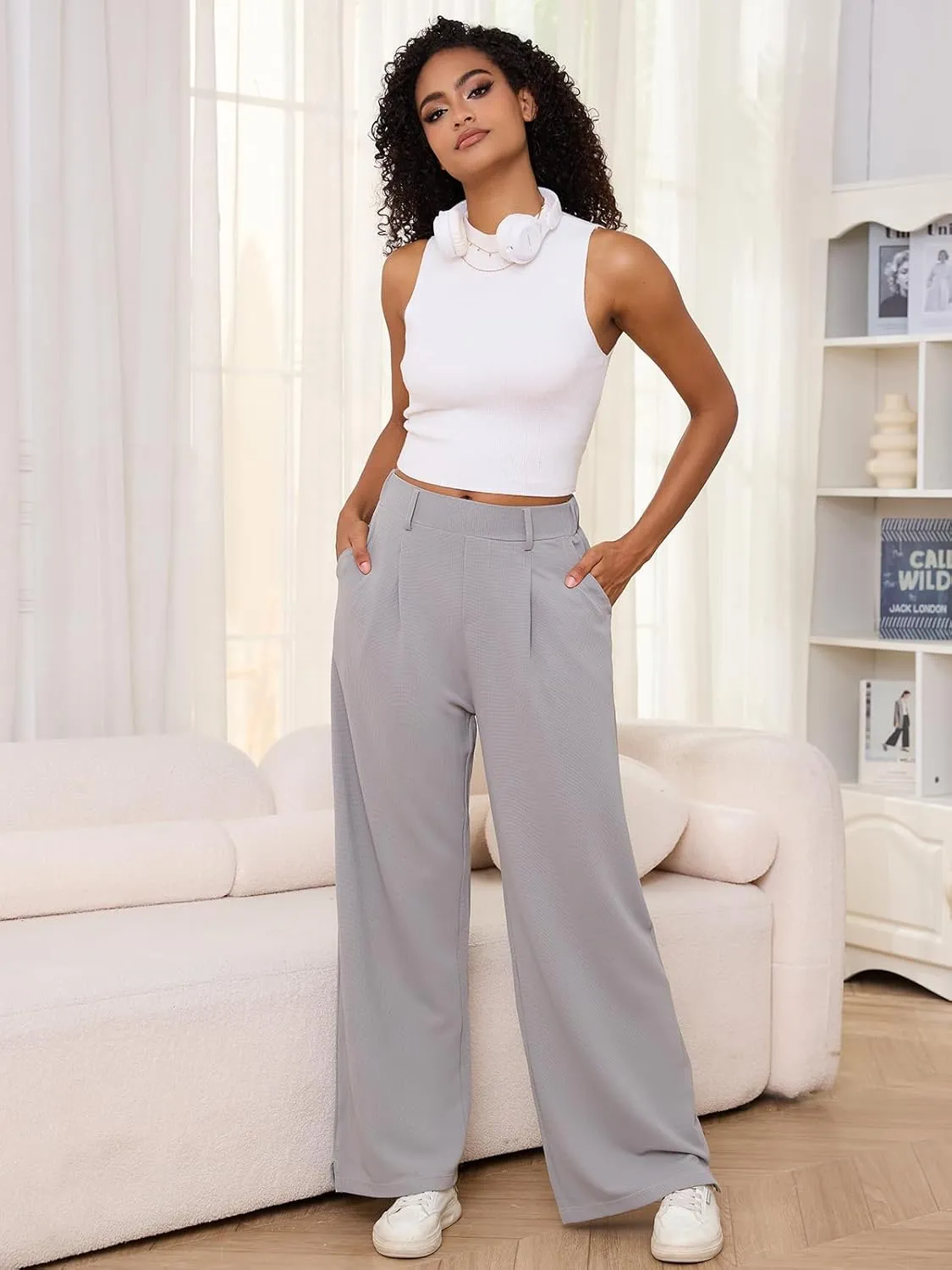 M MOTEEPI Women's Wide Leg Waffle Knit Pants with Pockets 29" Inseam Ladies Slacks for Dressy Casual,Business, Work, Lounge