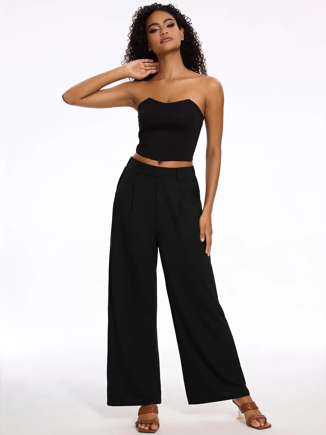 M MOTEEPI Women's Wide Leg Waffle Knit Pants with Pockets 29" Inseam Ladies Slacks for Dressy Casual,Business, Work, Lounge