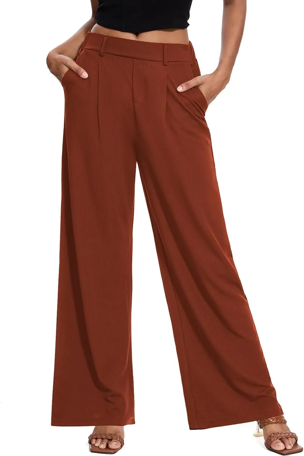 M MOTEEPI Women's Wide Leg Waffle Knit Pants with Pockets 29" Inseam Ladies Slacks for Dressy Casual,Business, Work, Lounge