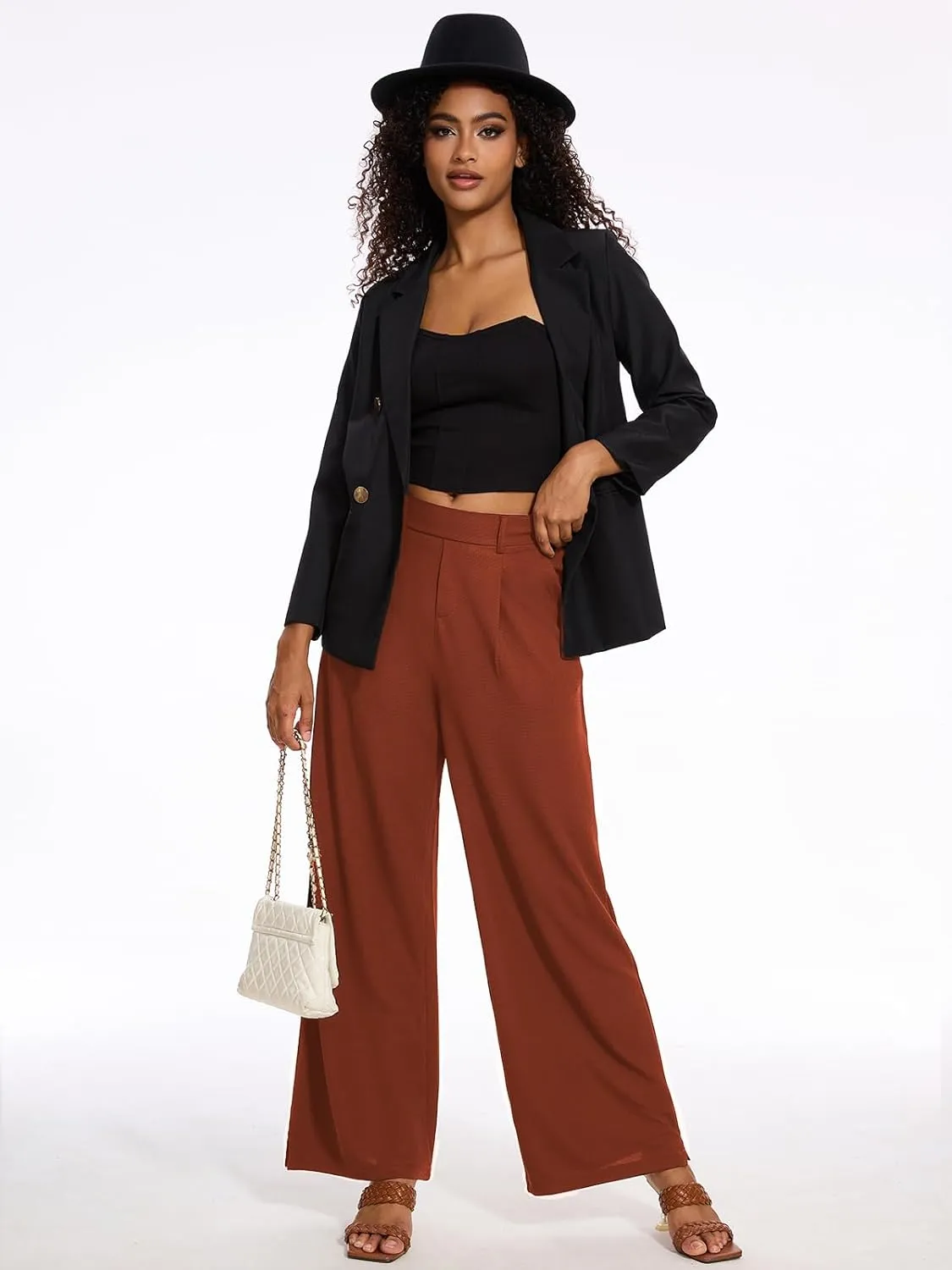 M MOTEEPI Women's Wide Leg Waffle Knit Pants with Pockets 29" Inseam Ladies Slacks for Dressy Casual,Business, Work, Lounge