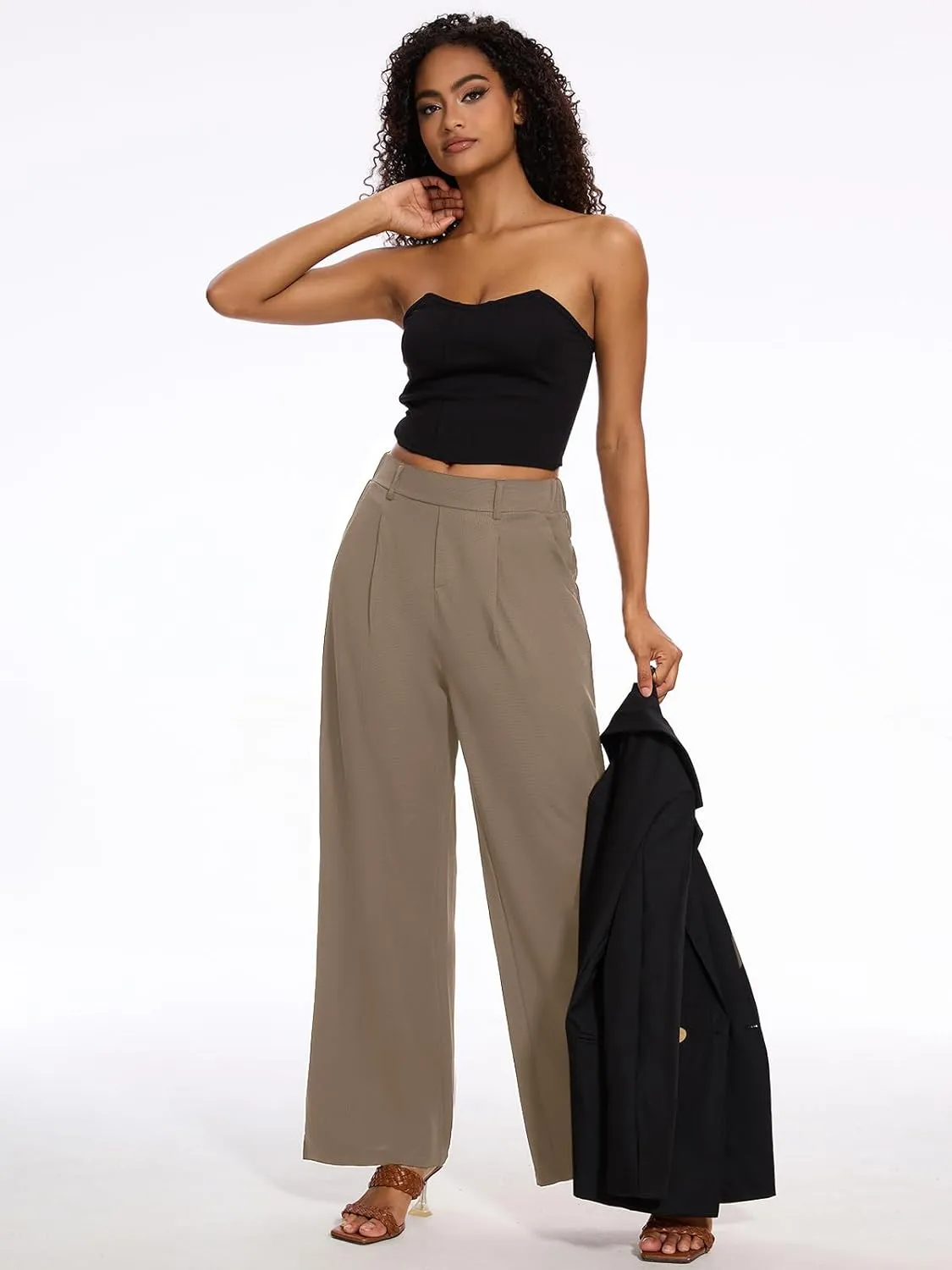 M MOTEEPI Women's Wide Leg Waffle Knit Pants with Pockets 29" Inseam Ladies Slacks for Dressy Casual,Business, Work, Lounge