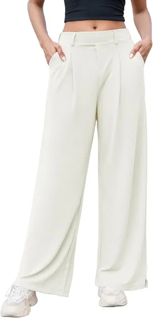 M MOTEEPI Women's Wide Leg Waffle Knit Pants with Pockets 29" Inseam Ladies Slacks for Dressy Casual,Business, Work, Lounge