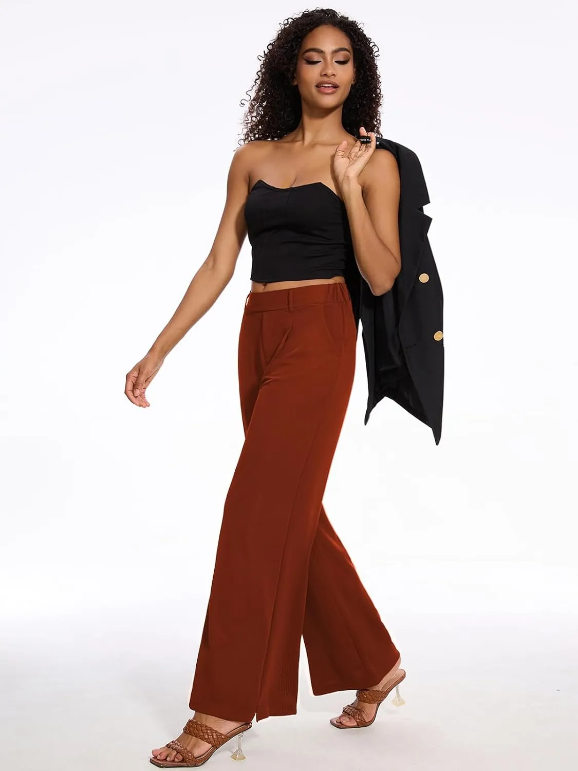 M MOTEEPI Women's Wide Leg Waffle Knit Pants with Pockets 29" Inseam Ladies Slacks for Dressy Casual,Business, Work, Lounge