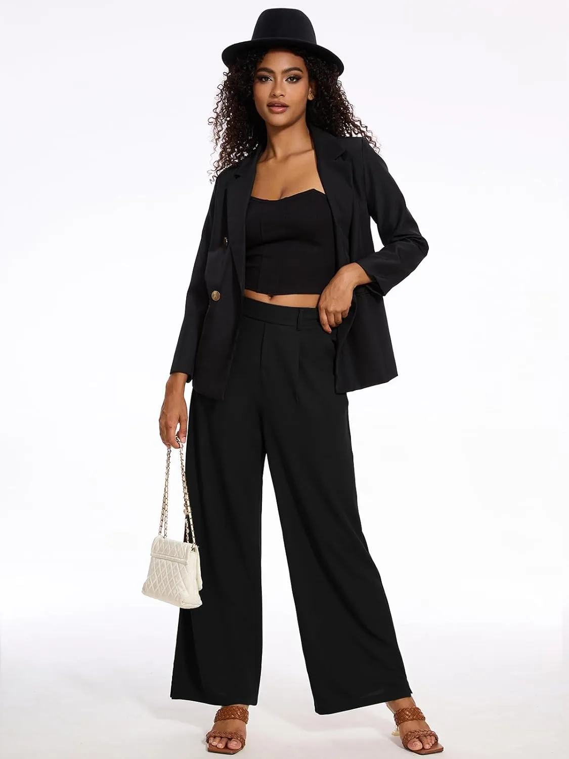 M MOTEEPI Women's Wide Leg Waffle Knit Pants with Pockets 29" Inseam Ladies Slacks for Dressy Casual,Business, Work, Lounge
