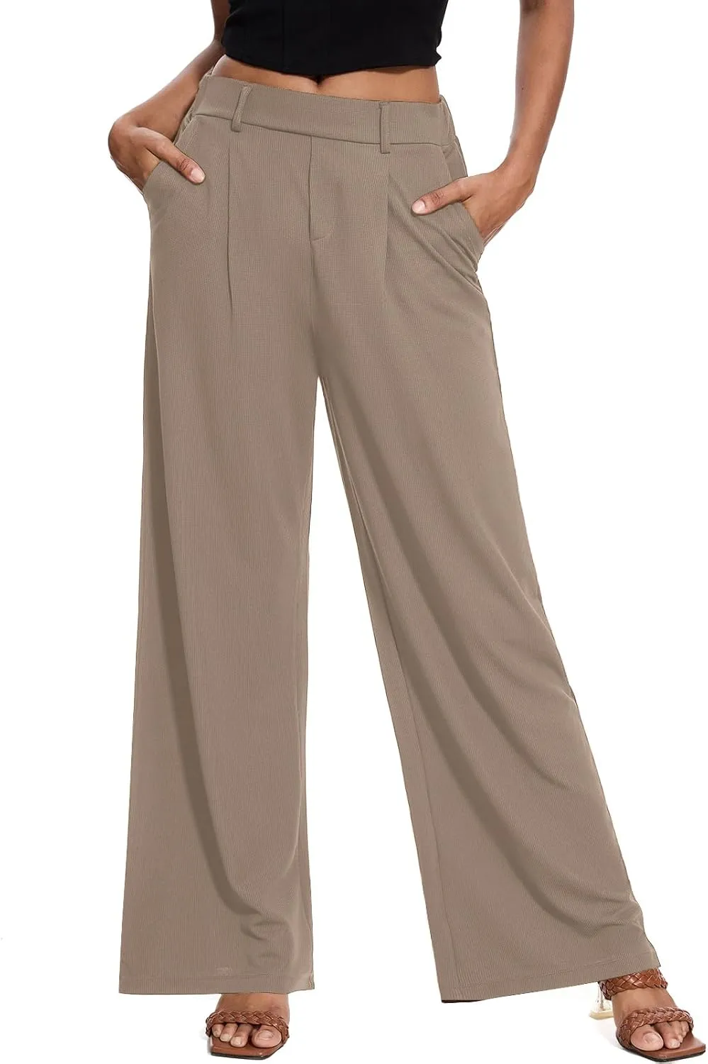 M MOTEEPI Women's Wide Leg Waffle Knit Pants with Pockets 29" Inseam Ladies Slacks for Dressy Casual,Business, Work, Lounge