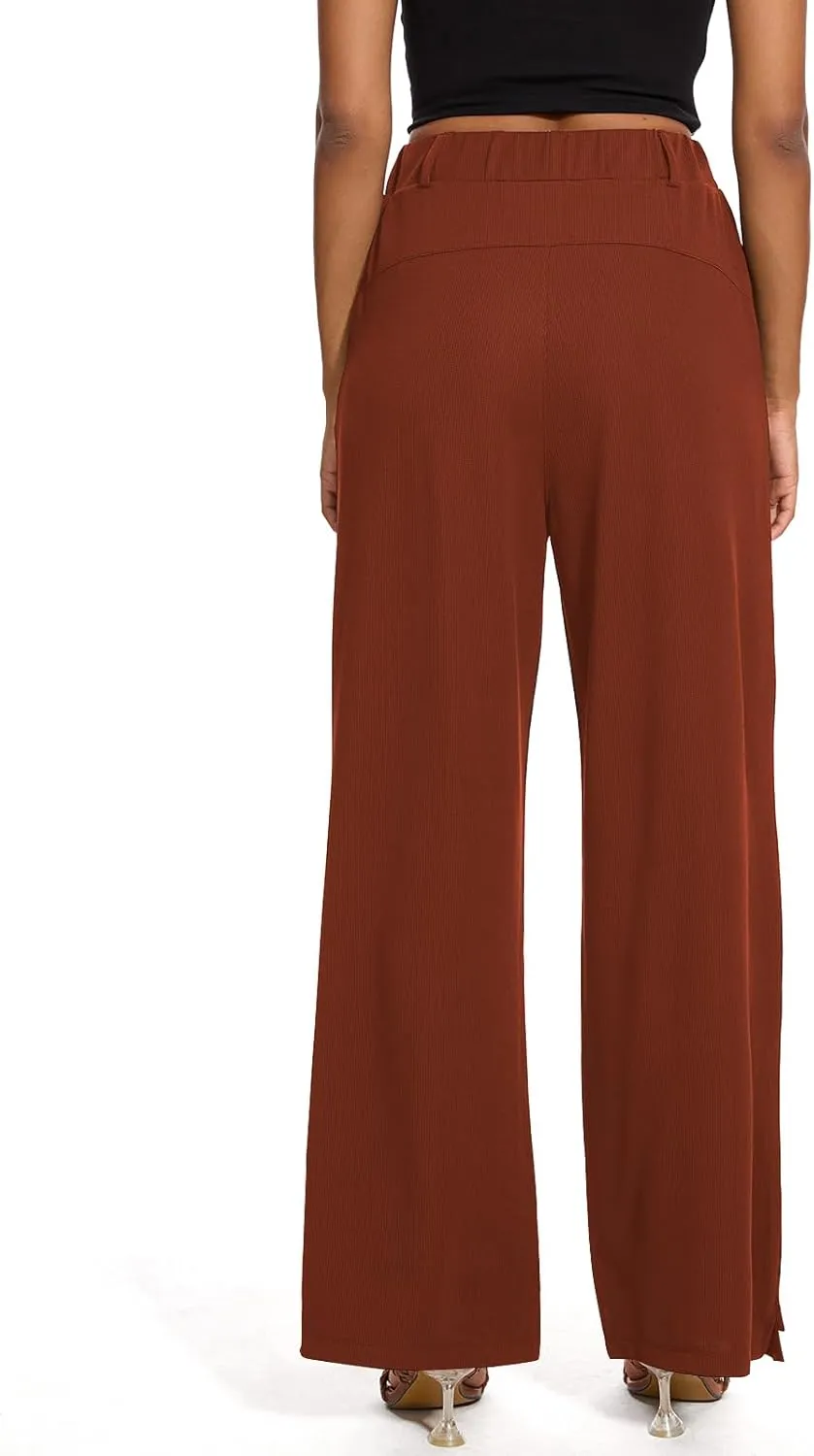 M MOTEEPI Women's Wide Leg Waffle Knit Pants with Pockets 29" Inseam Ladies Slacks for Dressy Casual,Business, Work, Lounge