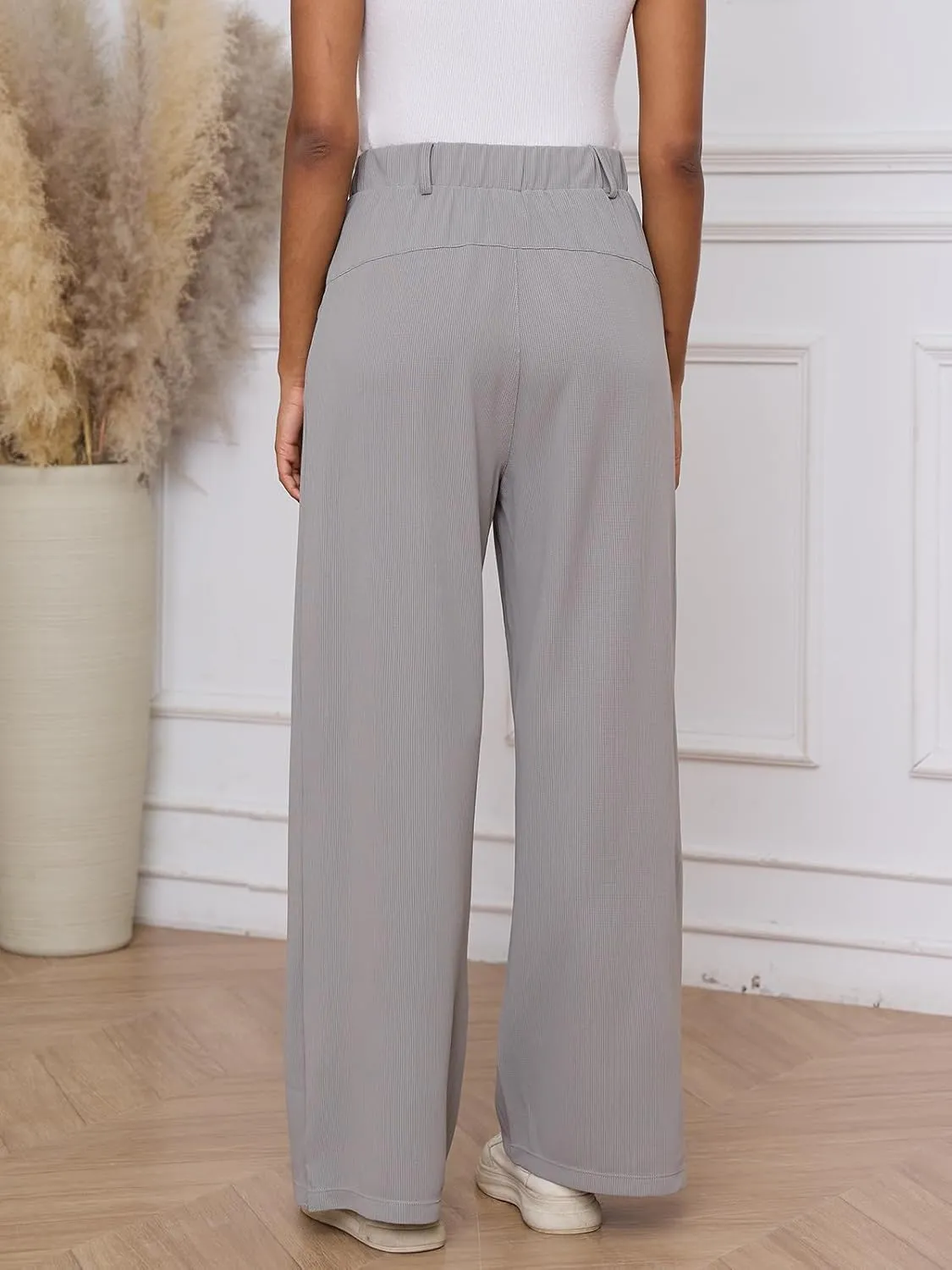M MOTEEPI Women's Wide Leg Waffle Knit Pants with Pockets 29" Inseam Ladies Slacks for Dressy Casual,Business, Work, Lounge