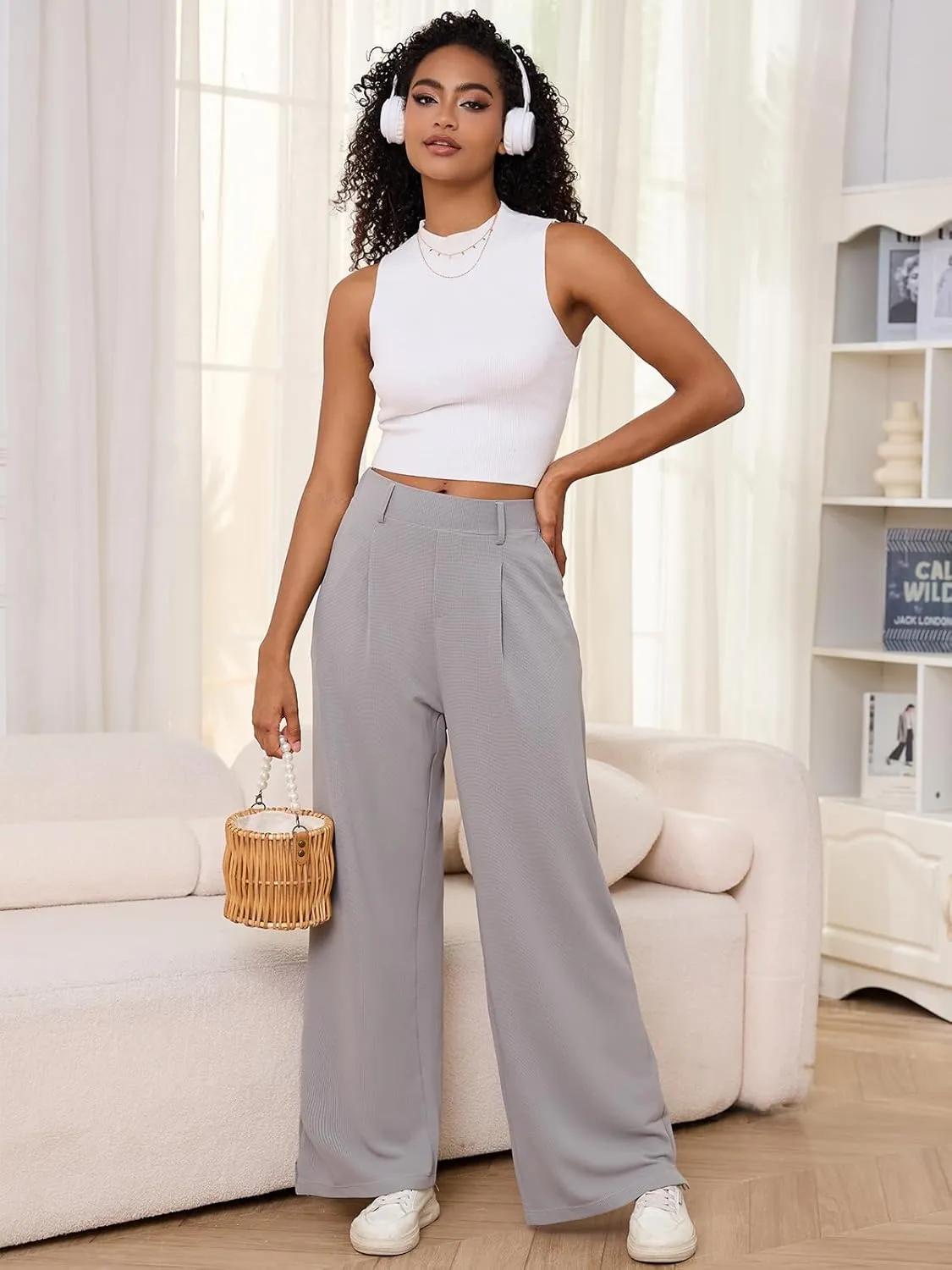 M MOTEEPI Women's Wide Leg Waffle Knit Pants with Pockets 29" Inseam Ladies Slacks for Dressy Casual,Business, Work, Lounge