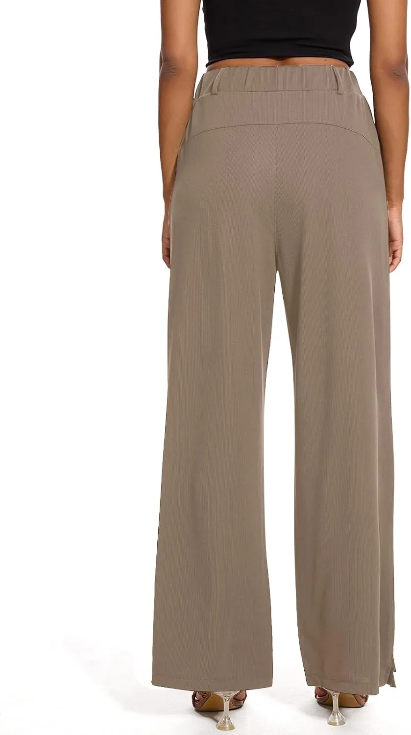 M MOTEEPI Women's Wide Leg Waffle Knit Pants with Pockets 29" Inseam Ladies Slacks for Dressy Casual,Business, Work, Lounge