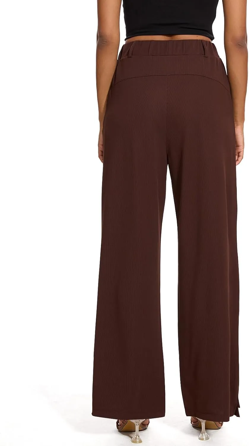 M MOTEEPI Women's Wide Leg Waffle Knit Pants with Pockets 29" Inseam Ladies Slacks for Dressy Casual,Business, Work, Lounge