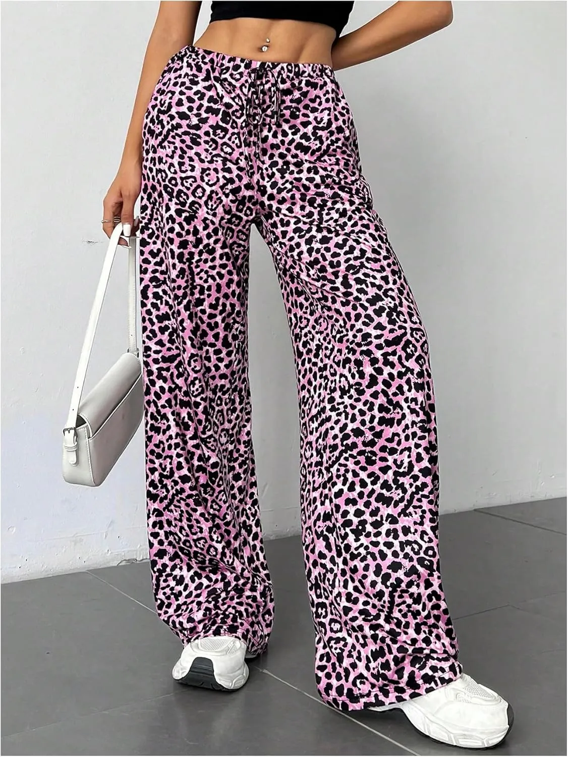 MakeMeChic Women's Leopard Print Pants Elastic Waist Wide Leg Straight Loose Long Trousers with Pocket