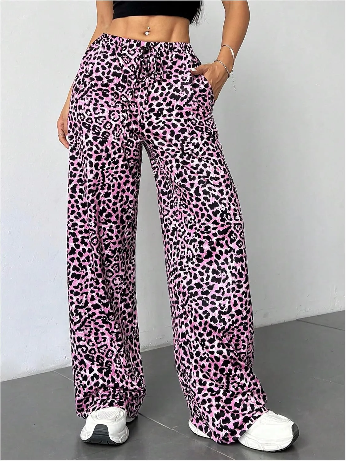MakeMeChic Women's Leopard Print Pants Elastic Waist Wide Leg Straight Loose Long Trousers with Pocket