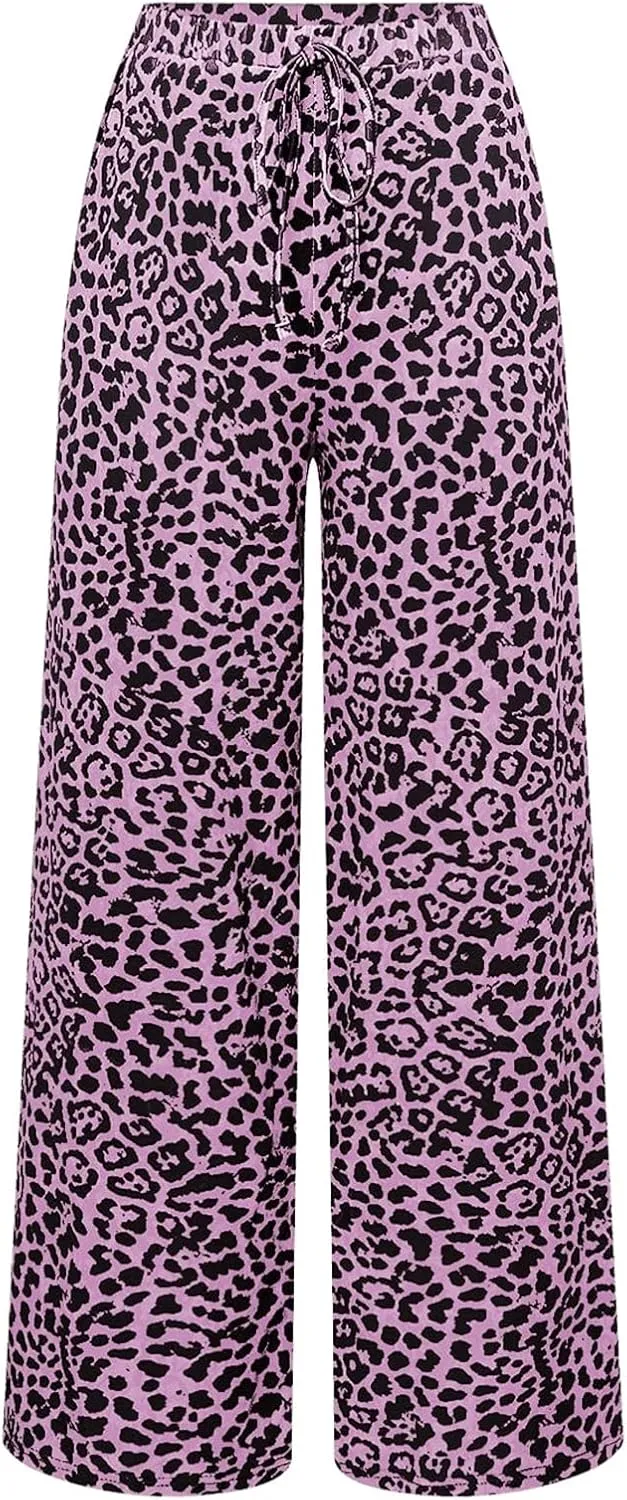 MakeMeChic Women's Leopard Print Pants Elastic Waist Wide Leg Straight Loose Long Trousers with Pocket