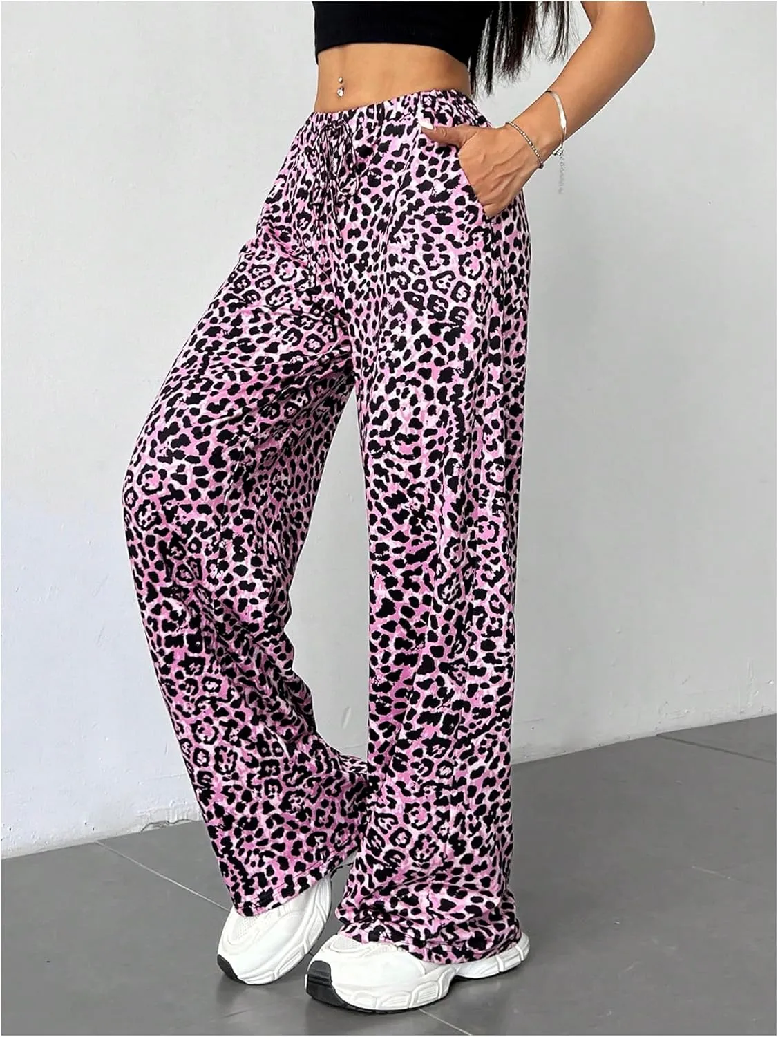 MakeMeChic Women's Leopard Print Pants Elastic Waist Wide Leg Straight Loose Long Trousers with Pocket