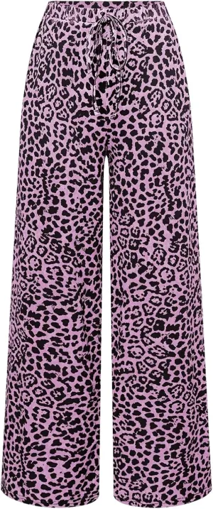 MakeMeChic Women's Leopard Print Pants Elastic Waist Wide Leg Straight Loose Long Trousers with Pocket