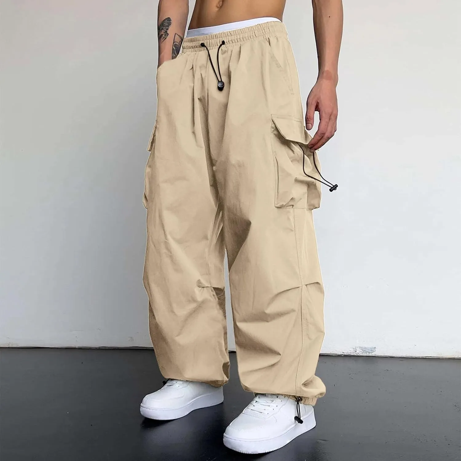 Mens Baggy Cargo Pants Parachute Pants Causal Loose Fit Joggers Trendy Harem Pants Hip Hop Streetwear with Pockets