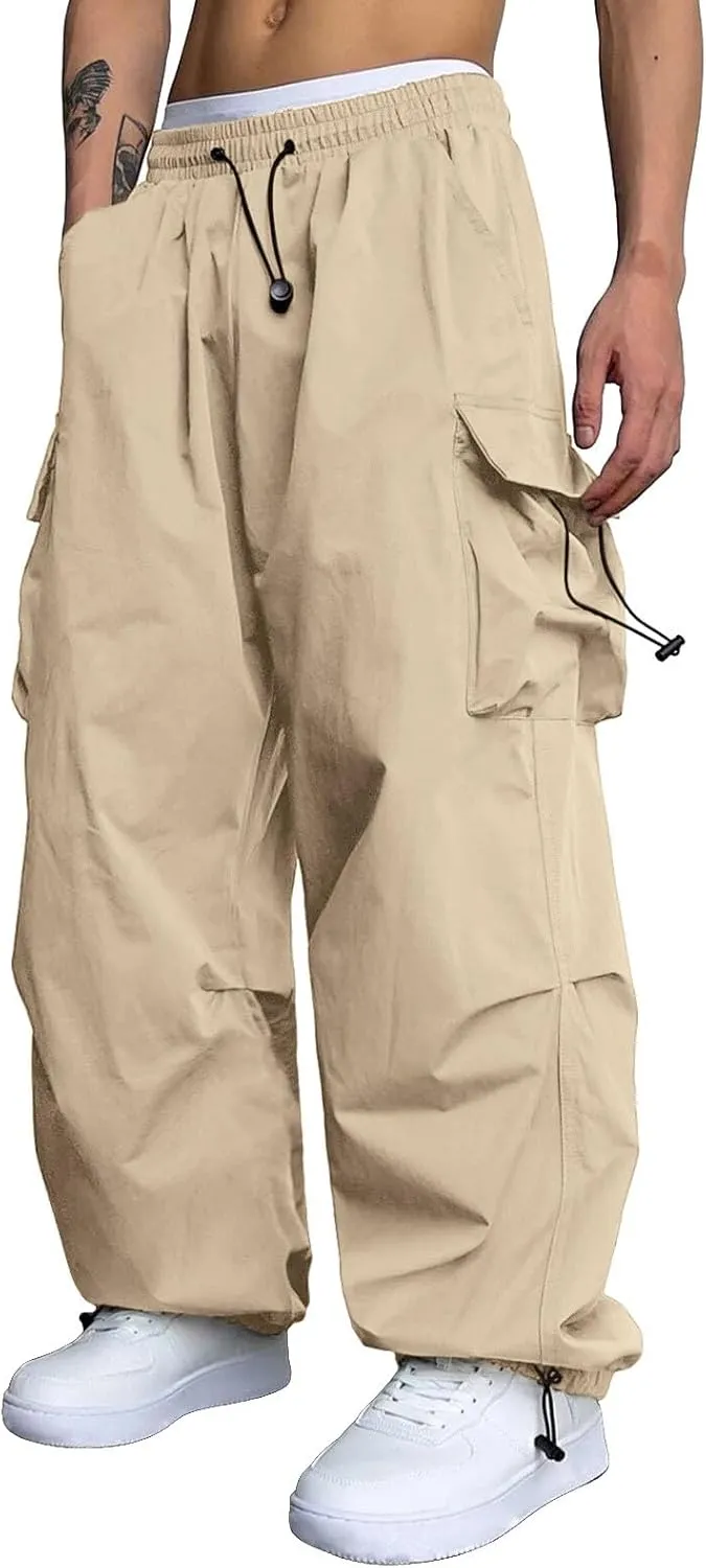 Mens Baggy Cargo Pants Parachute Pants Causal Loose Fit Joggers Trendy Harem Pants Hip Hop Streetwear with Pockets