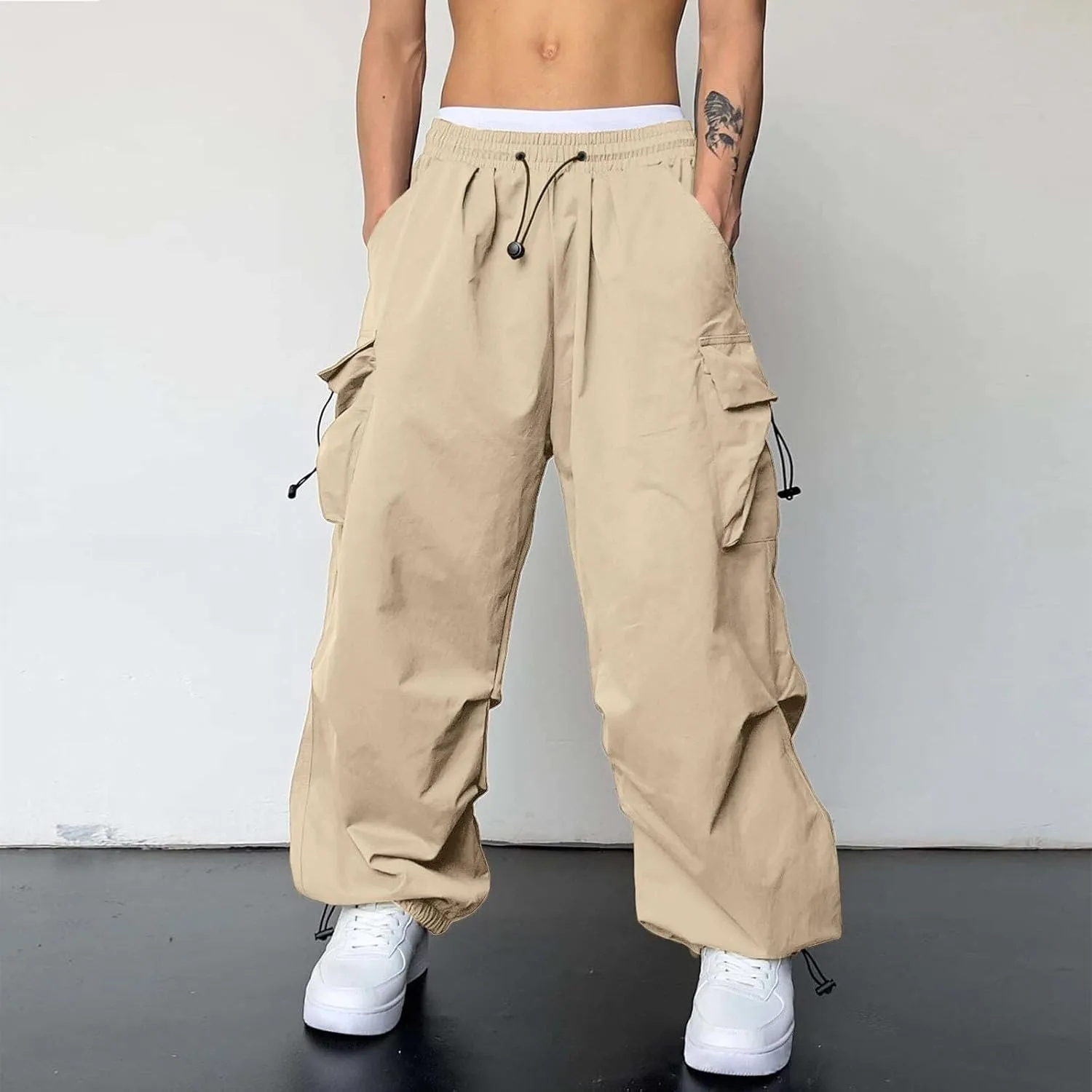 Mens Baggy Cargo Pants Parachute Pants Causal Loose Fit Joggers Trendy Harem Pants Hip Hop Streetwear with Pockets