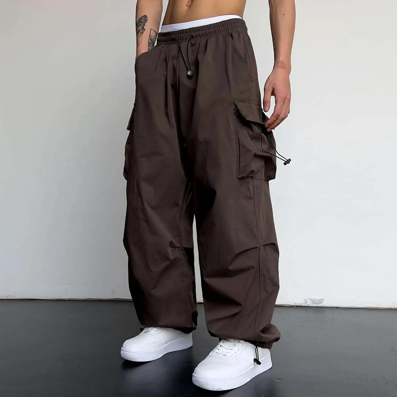 Mens Cargo Casual Pants Drawstring Loose Fit Athletic Jogger Sports Elastic Waist Outdoor Trousers Parachute Pant