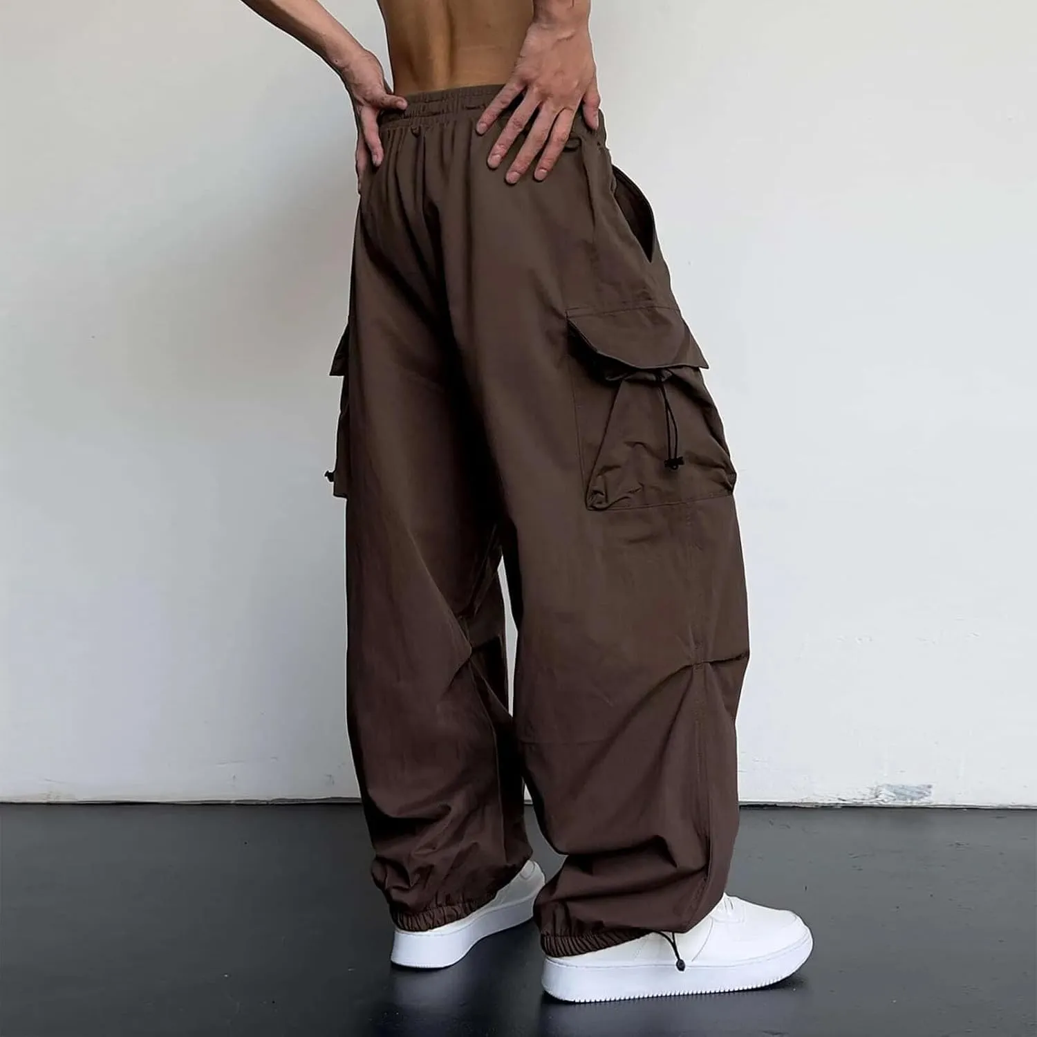 Mens Cargo Casual Pants Drawstring Loose Fit Athletic Jogger Sports Elastic Waist Outdoor Trousers Parachute Pant