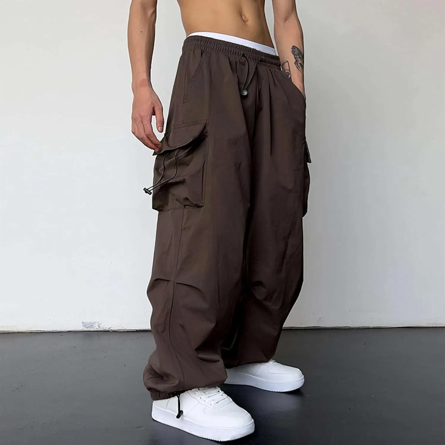 Mens Cargo Casual Pants Drawstring Loose Fit Athletic Jogger Sports Elastic Waist Outdoor Trousers Parachute Pant
