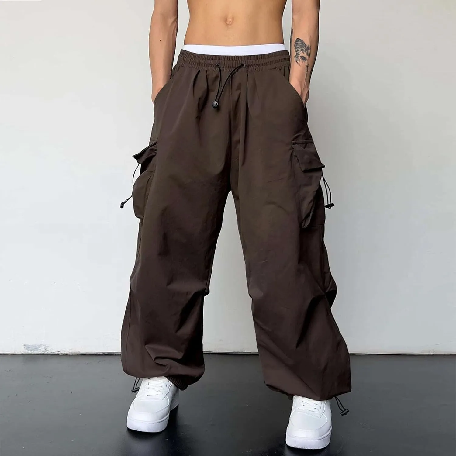 Mens Cargo Casual Pants Drawstring Loose Fit Athletic Jogger Sports Elastic Waist Outdoor Trousers Parachute Pant