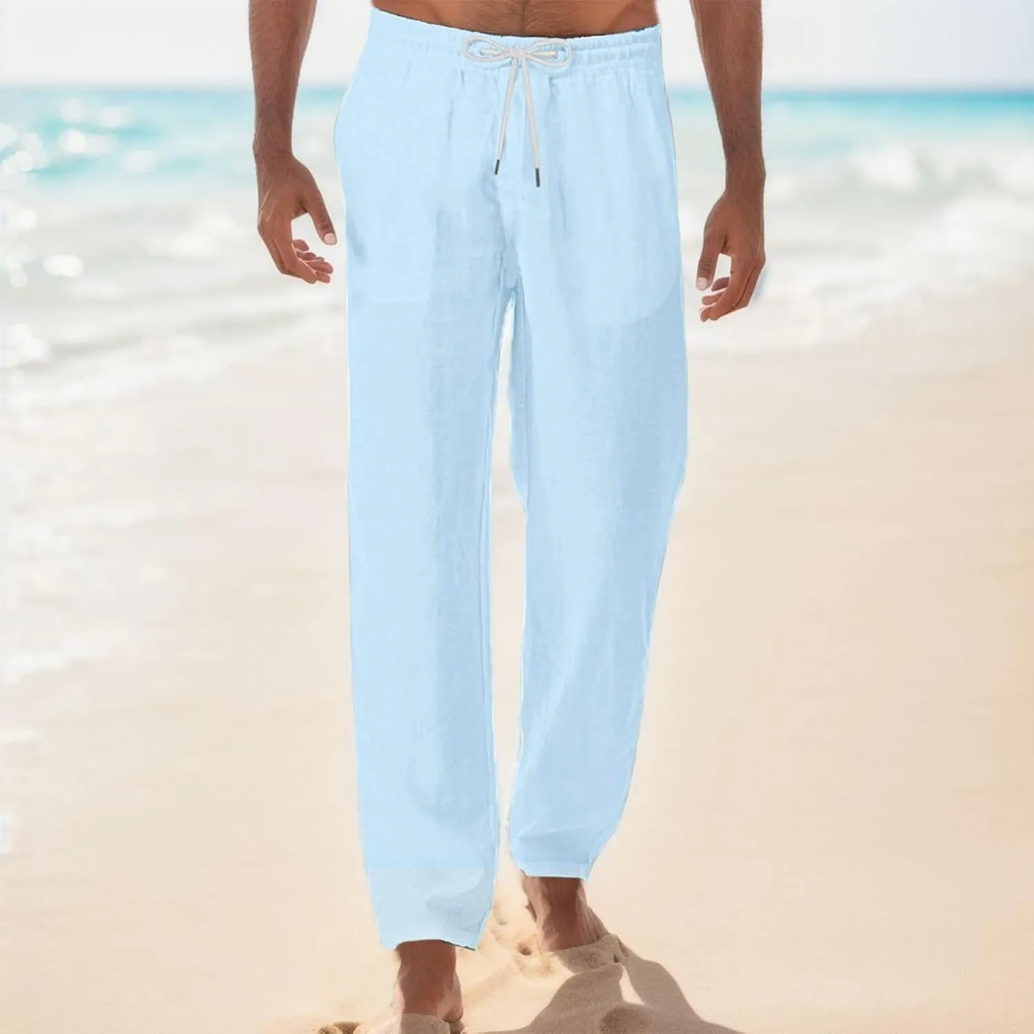 Mens Casual Linen Pants Athletic Lounge Pants Lightweight Elastic Waist Trouser Yoga Beach Pant Fashion Joggers